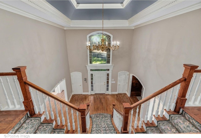 foyer entrance featuring hardwood / wood-style floors, a high ceiling, an inviting chandelier, ornamental molding, and a tray ceiling