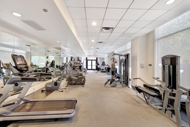 exercise room with carpet, a drop ceiling, and floor to ceiling windows