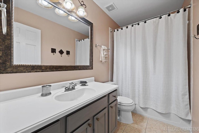 full bathroom with tile patterned floors, vanity, shower / bathtub combination with curtain, and toilet