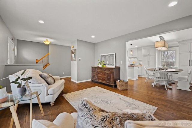 living room with dark wood-type flooring