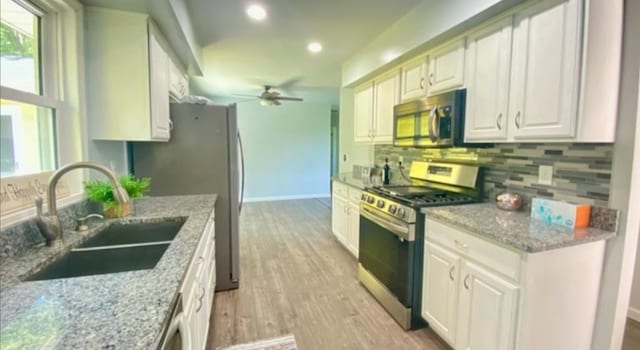 kitchen with ceiling fan, light stone countertops, sink, white cabinets, and appliances with stainless steel finishes