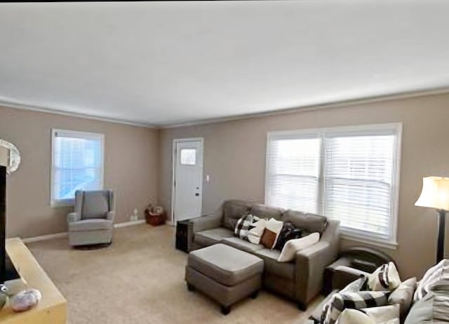 living room featuring ornamental molding and light carpet