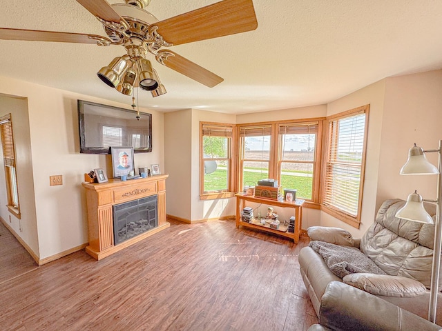 174 Rockyford Rd, Sublette, IL 61367 - living room with ceiling fan, light wood-style flooring, baseboards, a glass covered fireplace, and a textured ceiling