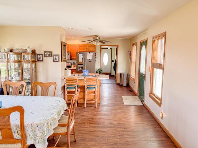 174 Rockyford Rd, Sublette, IL 61367 - dining area with wood finished floors, a ceiling fan, baseboards, and recessed lighting