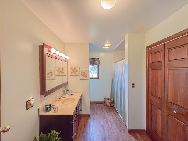 174 Rockyford Rd, Sublette, IL 61367 - full bathroom with vanity, wood finished floors, a shower with curtain, and baseboards