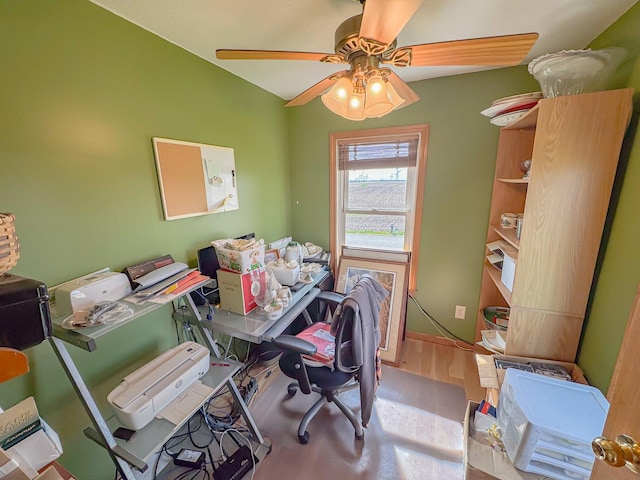 174 Rockyford Rd, Sublette, IL 61367 - home office with lofted ceiling, ceiling fan, and wood finished floors
