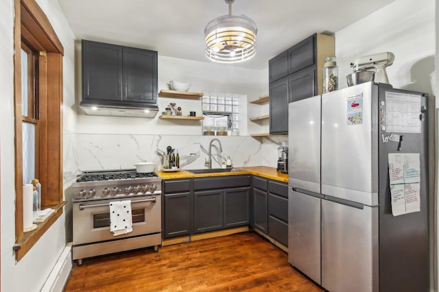 kitchen featuring ventilation hood, sink, tasteful backsplash, dark hardwood / wood-style flooring, and stainless steel appliances