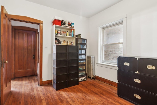 miscellaneous room featuring radiator heating unit and dark hardwood / wood-style floors