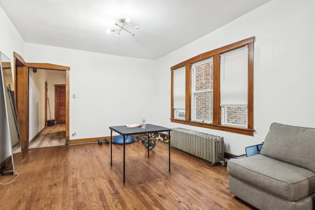 playroom featuring hardwood / wood-style flooring, an inviting chandelier, and radiator