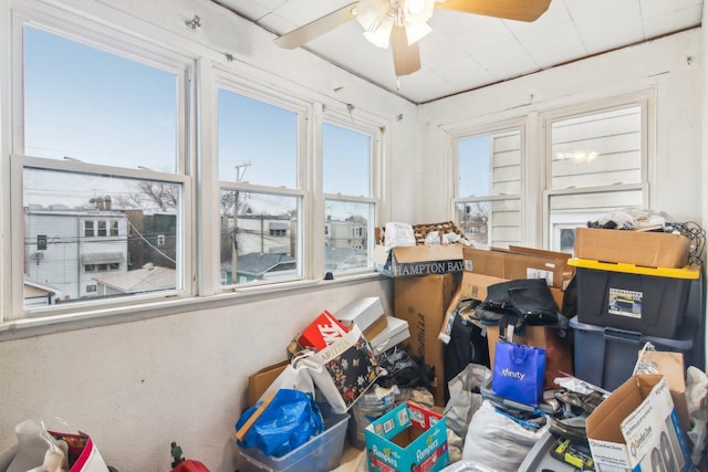 storage room featuring ceiling fan