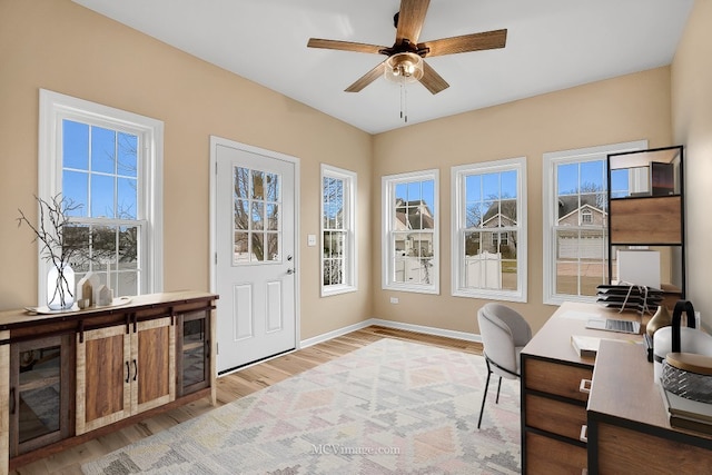 office area with a wealth of natural light, ceiling fan, light hardwood / wood-style flooring, and wine cooler