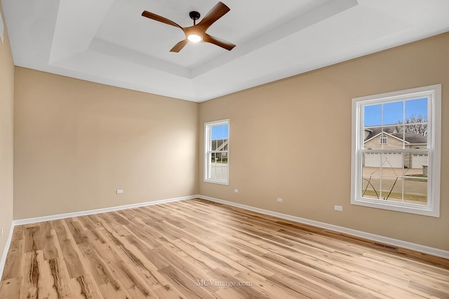 unfurnished room featuring light hardwood / wood-style floors, a wealth of natural light, and a tray ceiling