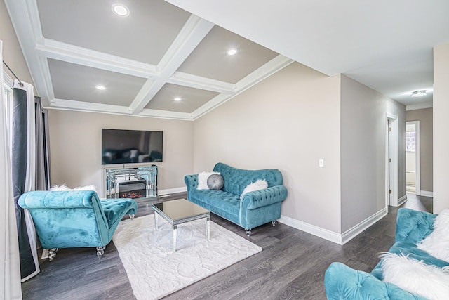 living room with beamed ceiling, crown molding, dark wood-type flooring, and coffered ceiling