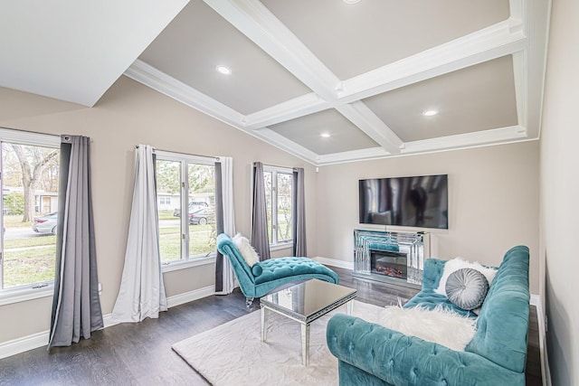 living area featuring beamed ceiling, dark hardwood / wood-style floors, crown molding, and coffered ceiling