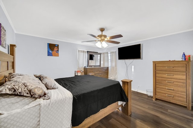 bedroom with dark wood-type flooring, ceiling fan, and ornamental molding