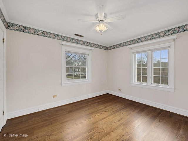 unfurnished room with wood-type flooring, ceiling fan, and crown molding