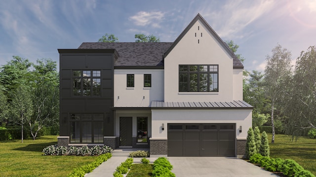 view of front of property featuring a garage, a front yard, and central AC