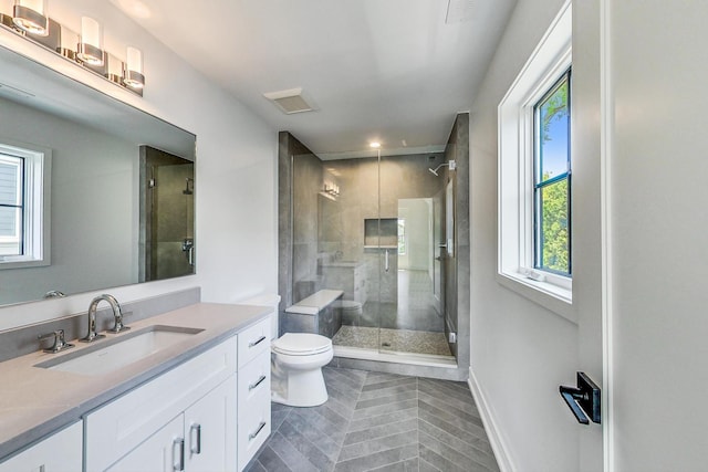 bathroom with toilet, vanity, and walk in shower