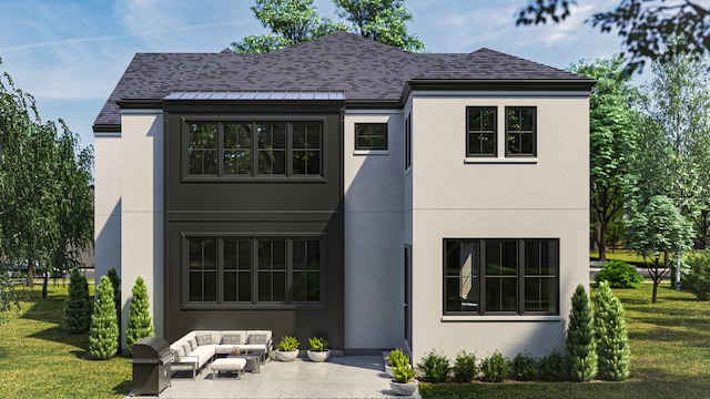 back of house with a lawn, a patio area, and an outdoor hangout area