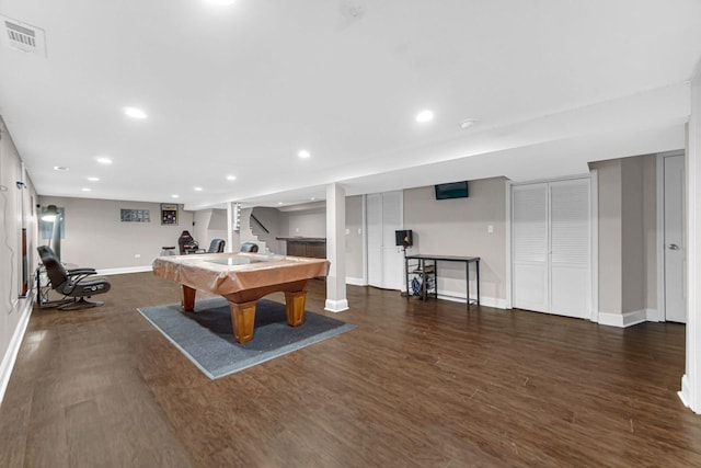 game room with dark wood-type flooring and pool table