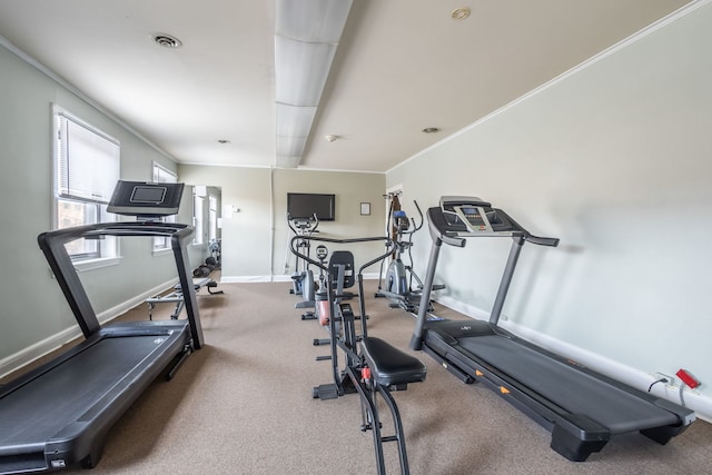 workout area featuring a healthy amount of sunlight and crown molding