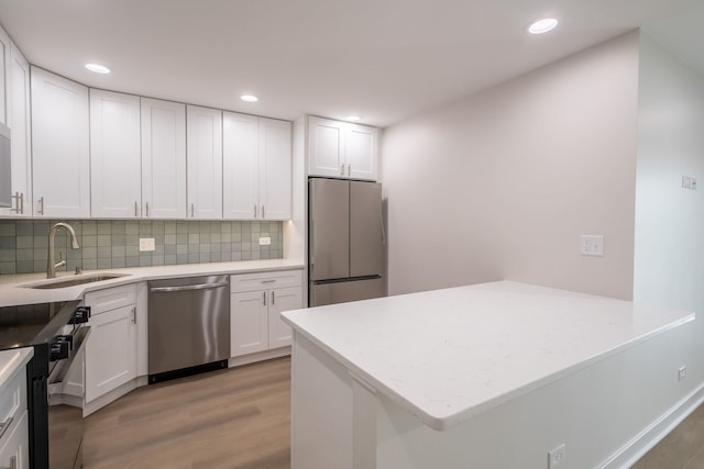 kitchen featuring backsplash, kitchen peninsula, sink, white cabinetry, and appliances with stainless steel finishes