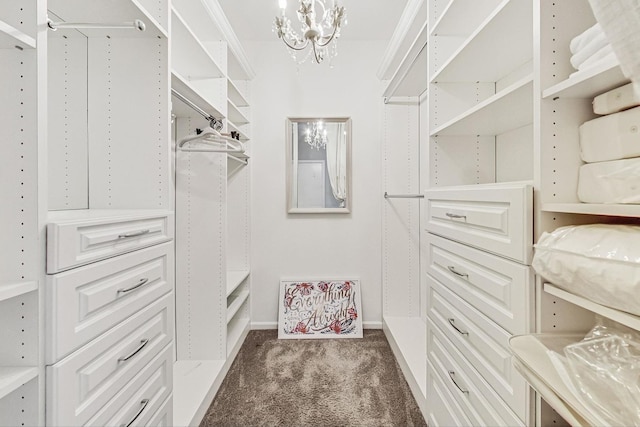 walk in closet featuring an inviting chandelier and dark carpet