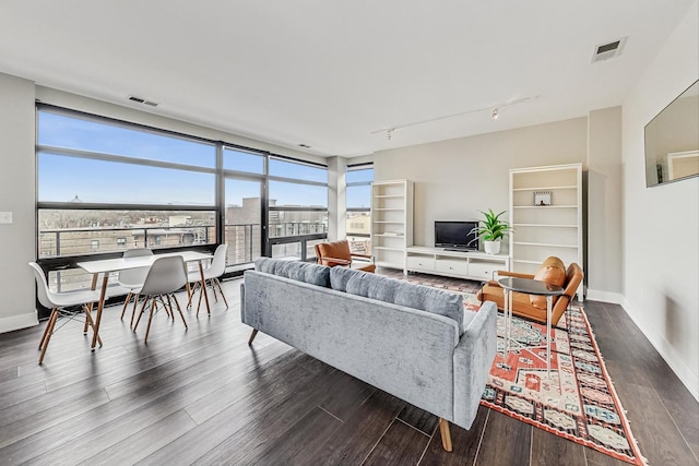 living room with dark hardwood / wood-style flooring and rail lighting