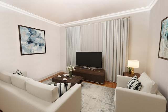 living room featuring wood-type flooring and crown molding