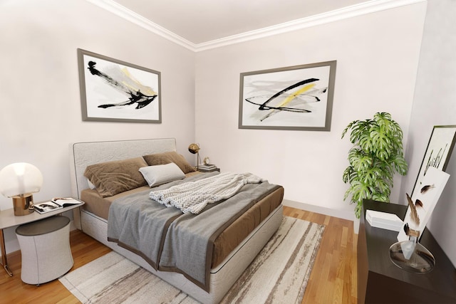 bedroom with hardwood / wood-style floors and crown molding