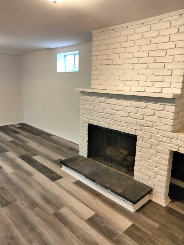 details featuring a fireplace, hardwood / wood-style floors, and crown molding