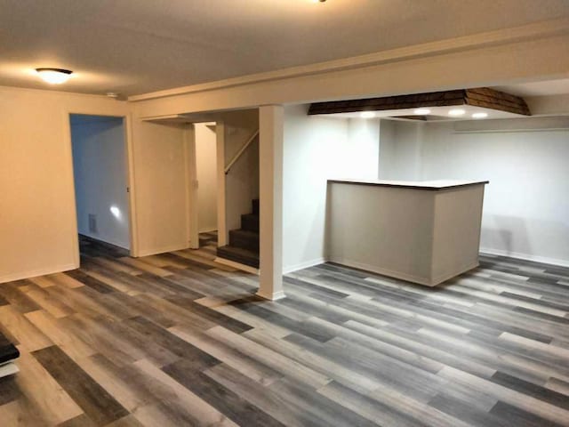 basement with dark hardwood / wood-style flooring