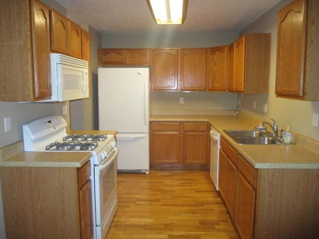 kitchen with light wood-type flooring, white appliances, and sink