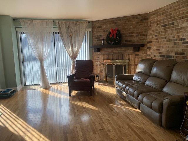 living room with a fireplace and wood-type flooring