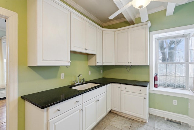 kitchen featuring crown molding, sink, ceiling fan, light tile patterned floors, and white cabinetry