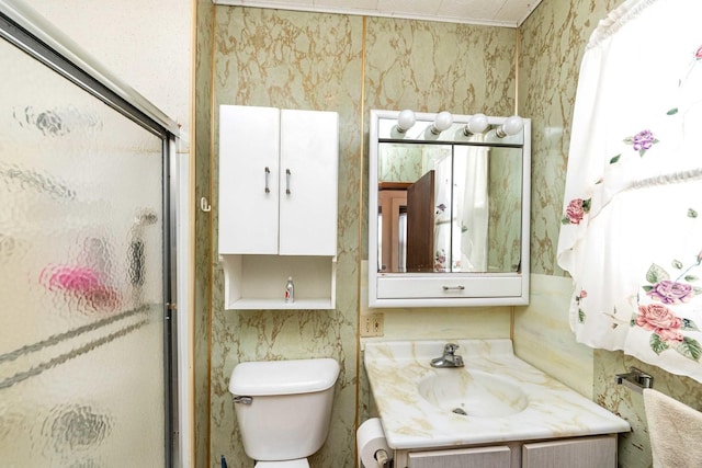 bathroom with vanity, toilet, and a shower with shower door