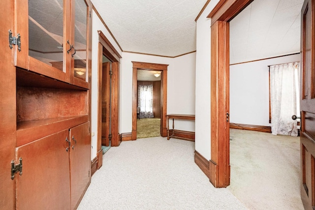 corridor featuring crown molding and light colored carpet