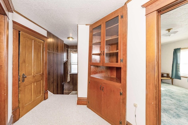 hallway featuring light carpet and wooden walls