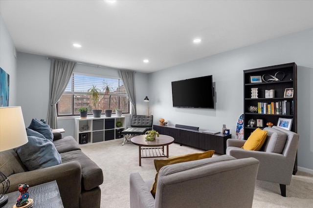 living room featuring light carpet