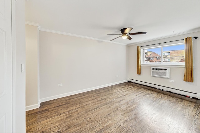 unfurnished room with baseboard heating, crown molding, ceiling fan, wood-type flooring, and an AC wall unit