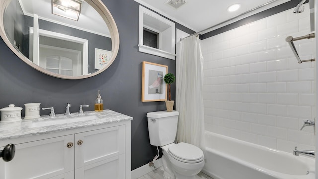 full bathroom featuring shower / bath combination with curtain, crown molding, vanity, and toilet