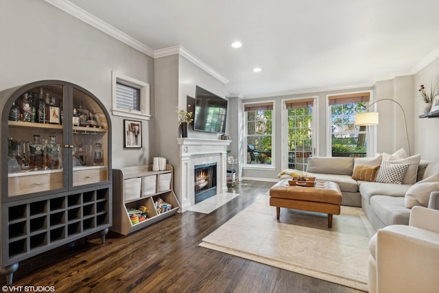 living room featuring dark hardwood / wood-style flooring and crown molding