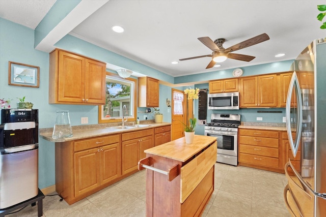 kitchen featuring ceiling fan, sink, and appliances with stainless steel finishes