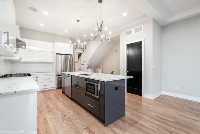 kitchen with sink, stainless steel appliances, hanging light fixtures, a kitchen island with sink, and white cabinets