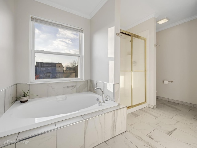 bathroom featuring shower with separate bathtub and ornamental molding