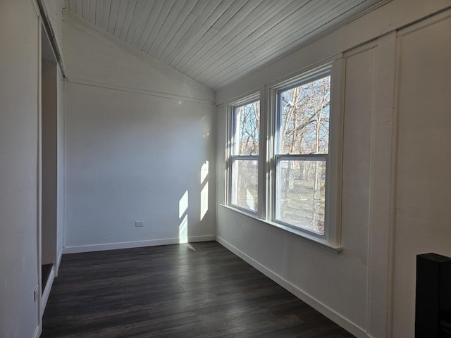 spare room with vaulted ceiling and dark wood-type flooring