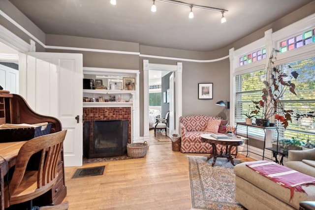 living room featuring light hardwood / wood-style floors and a fireplace