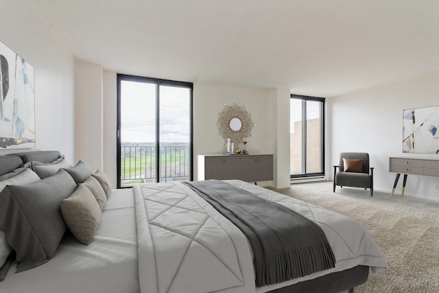 carpeted bedroom with access to exterior, multiple windows, and a wall of windows