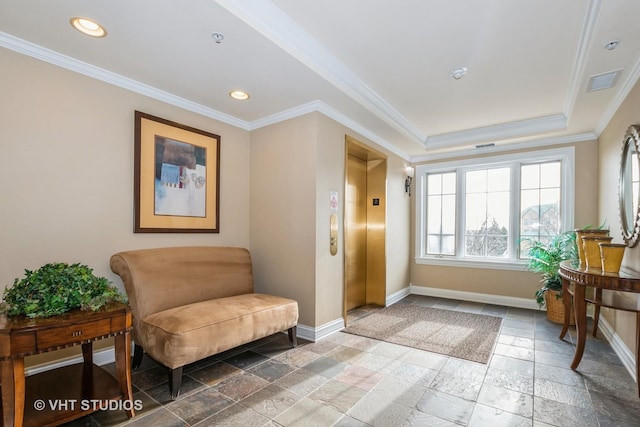 sitting room with ornamental molding and elevator