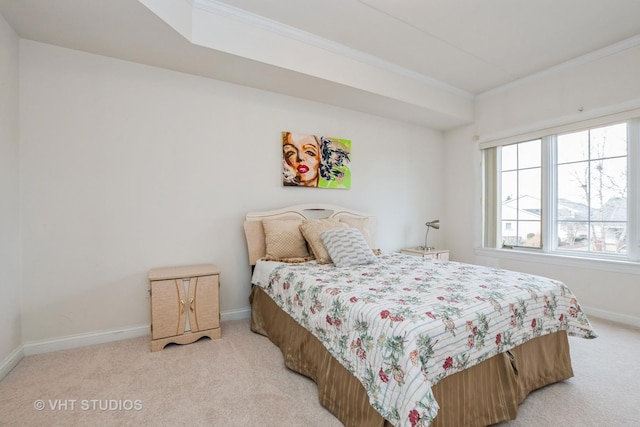 carpeted bedroom with crown molding